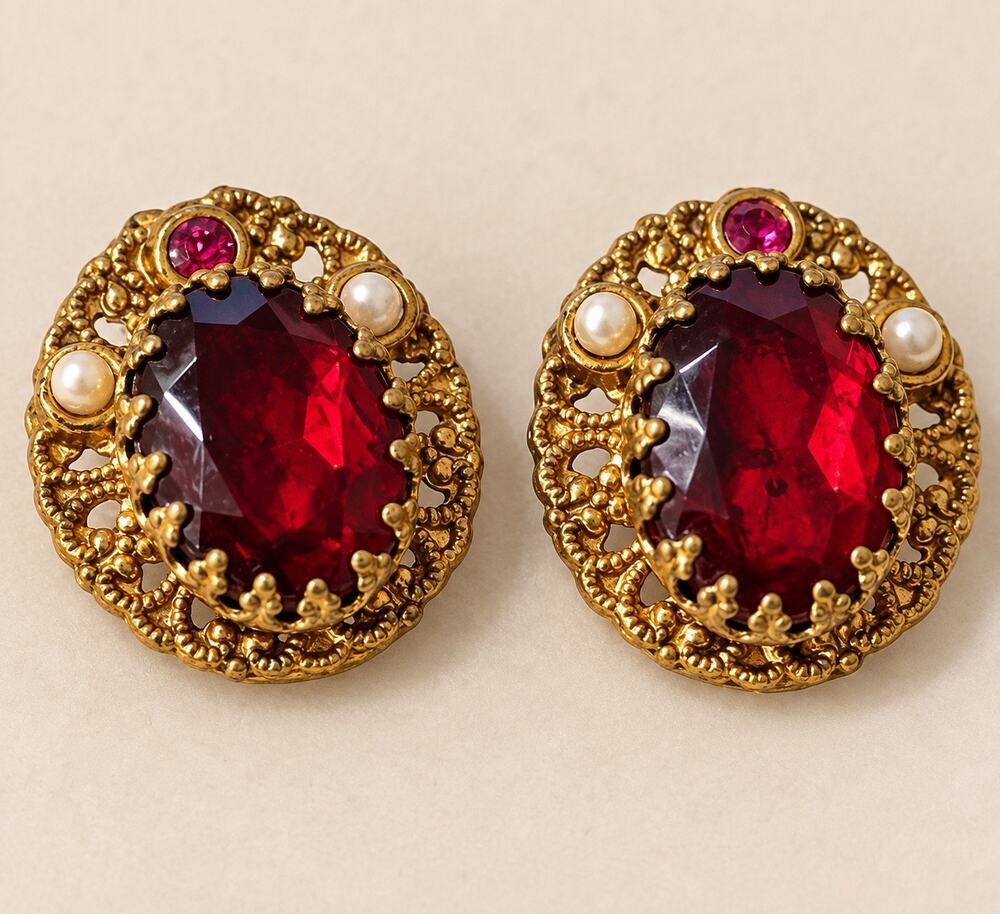 Vintage West Germany Clip On Earrings Ruby Red Glass Faux Pearl Gold Tone